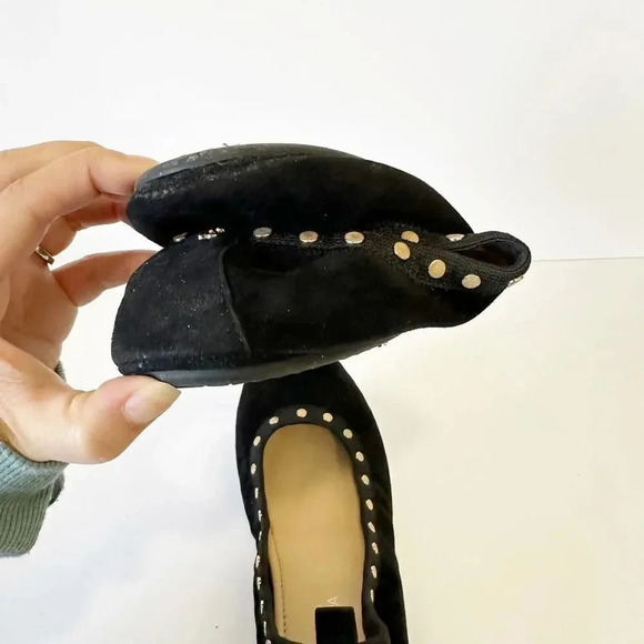 YOSI SAMRA Womens Size 7 Black Suede Gold Studded Foldable Ballet Flats - Picture 2 of 7